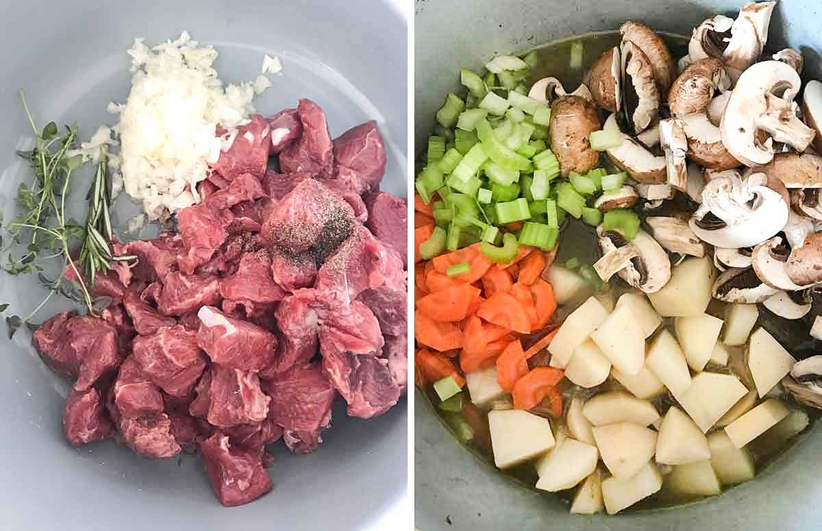 Cook meat, thyme, rosemary and onion until tender. Add in veggies and mushrooms.
