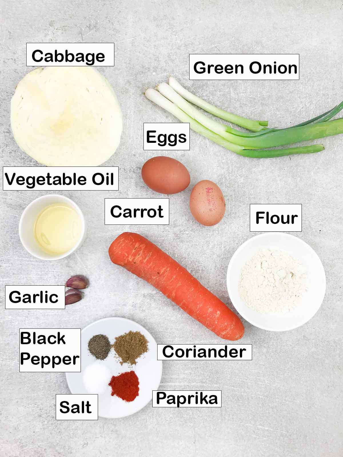 Labeled ingredients on the table.