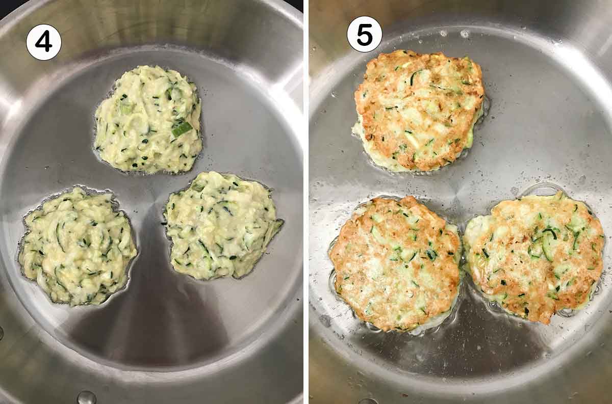 Frying the zucchini pancakes in a frying pan.