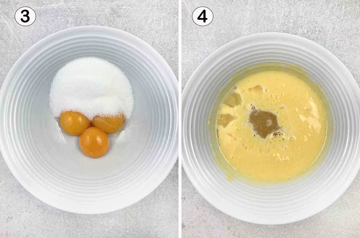 Mix half of the sugar and egg yolks and then add hot water and whisk.