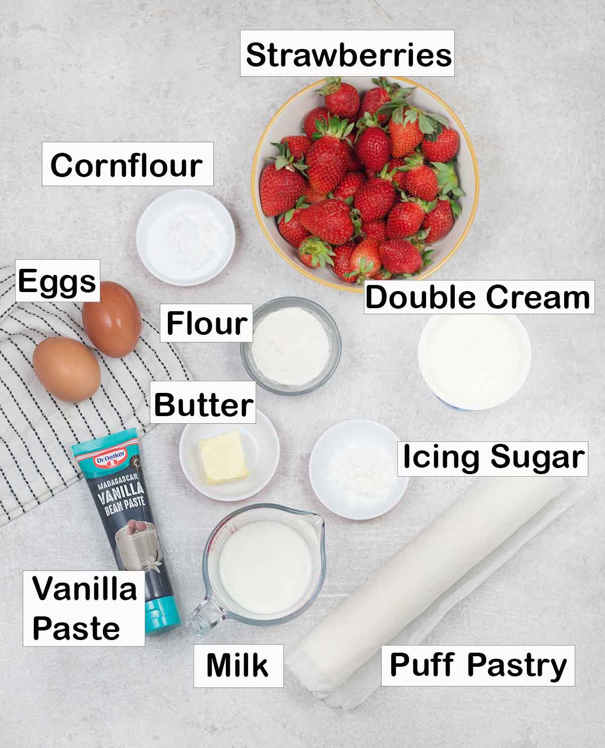 Labeled ingredients for making Strawberry Mille Feuille.