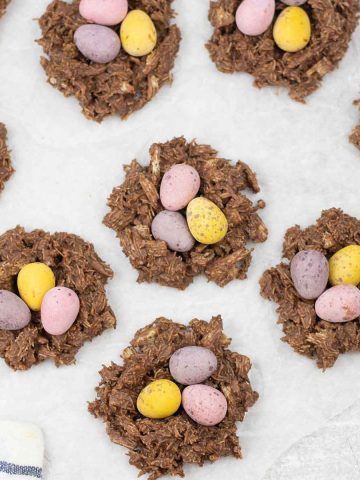 Easter nests topped with mini eggs.