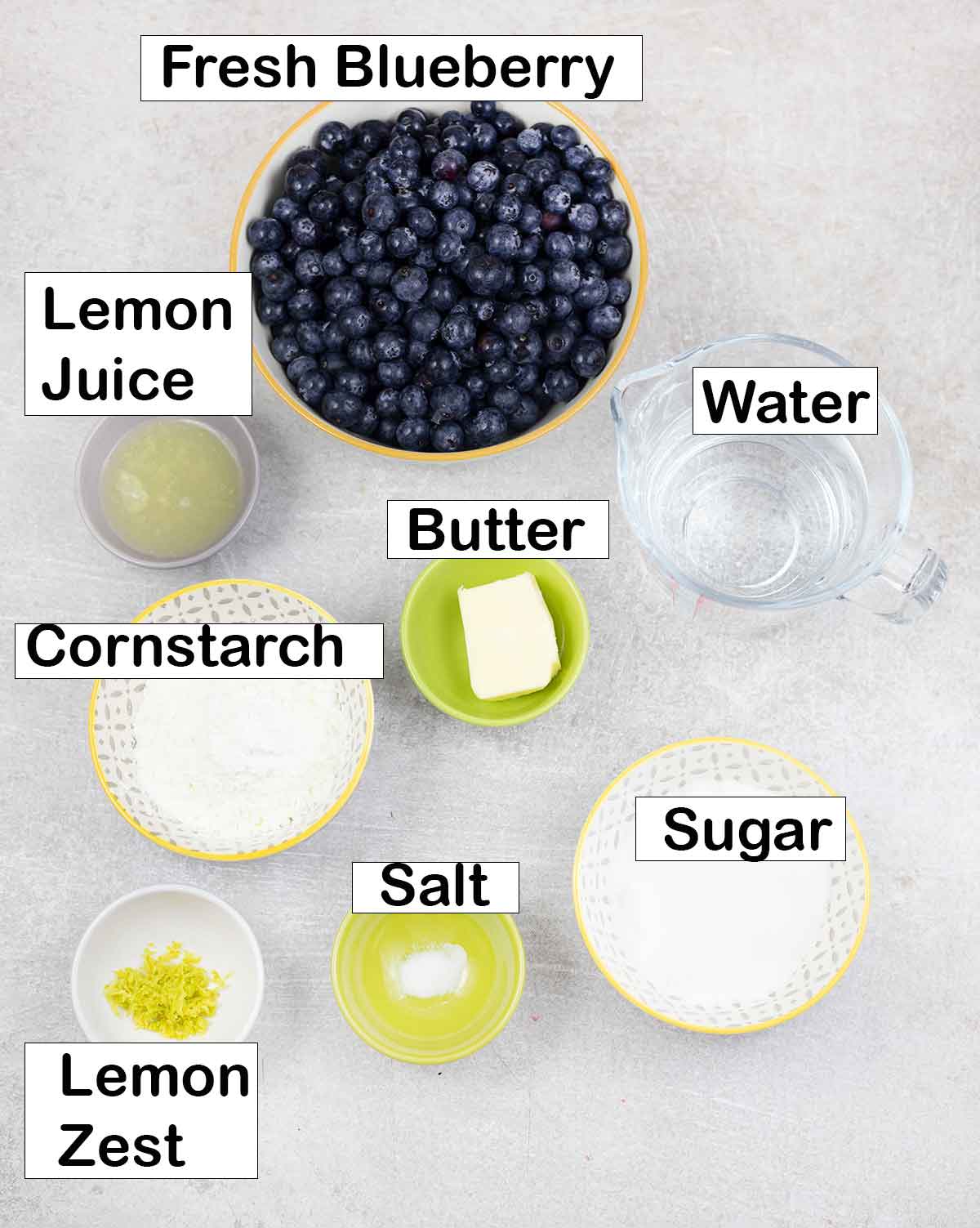 ingredients needed to make blueberry cake filling recipe.