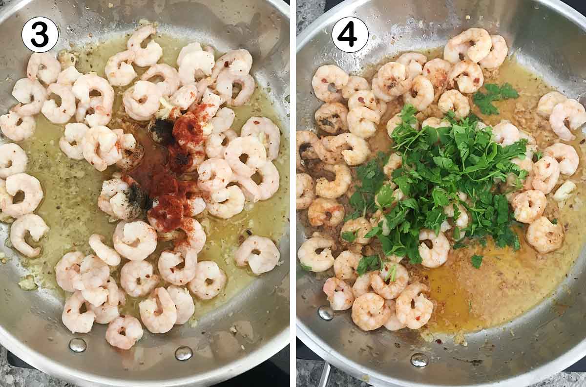 Add the prawns, salt, pepper, paprika, lemon juice and parsley.