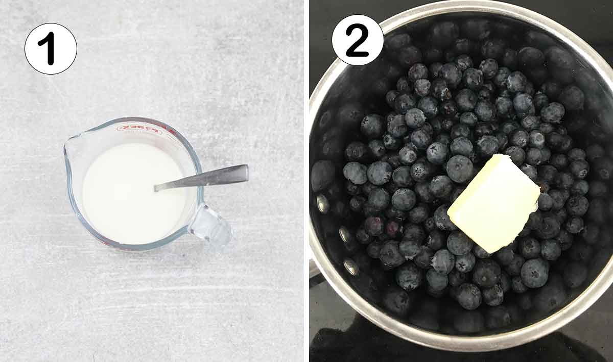 Whisk water and cornstarch together and add blueberries and butter over medium heat.