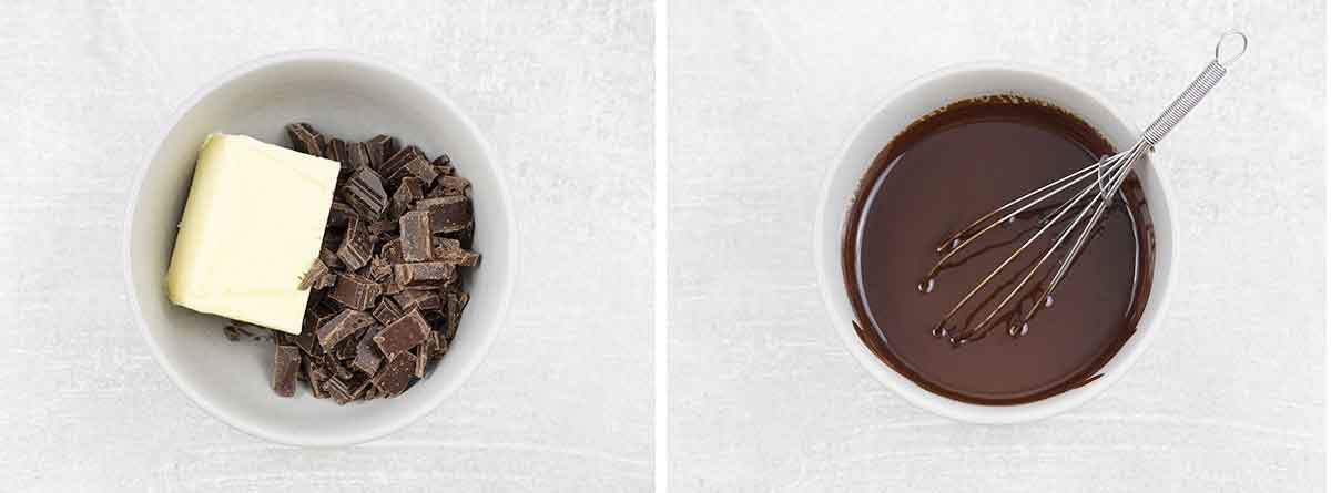 In a microwave-safe bowl, add dark chocolate and butter and microwave until melted.