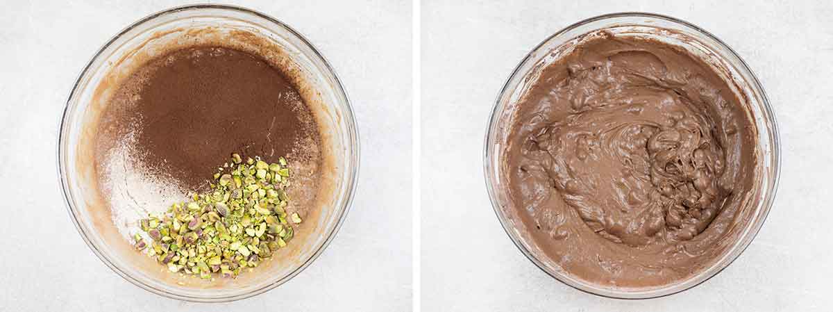 Fold in the flour, cocoa powder, salt, and chopped pistachios.