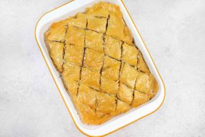 Baked, golden brown baklava topped with sugar syrup.