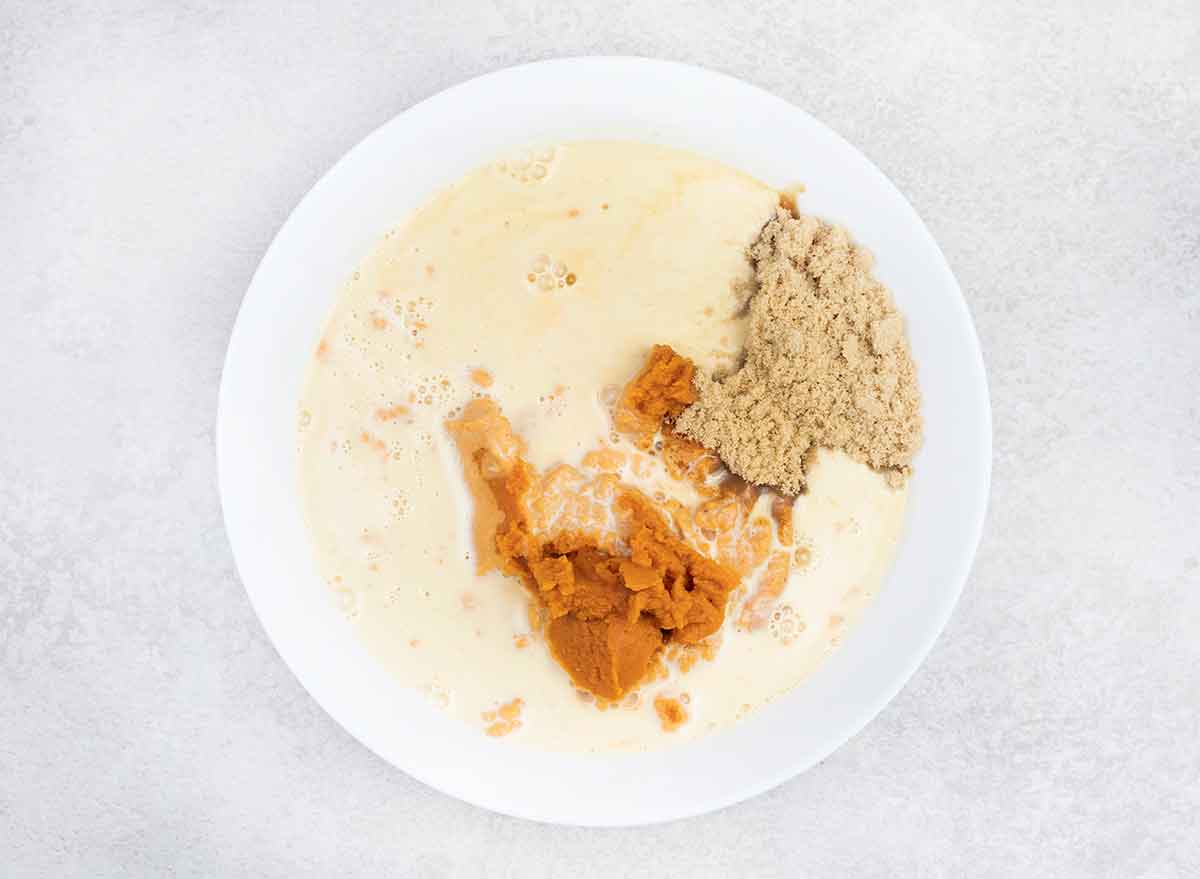 mix the evaporated milk, pumpkin puree, and brown sugar.