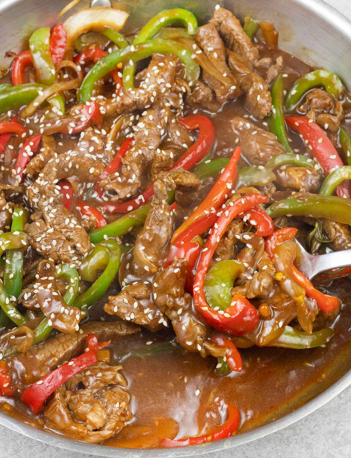 pepper steak in a skillet.