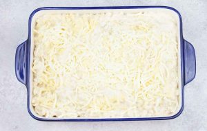 Spoon the mac and cheese mixture into a 9x12-inch baking dish.