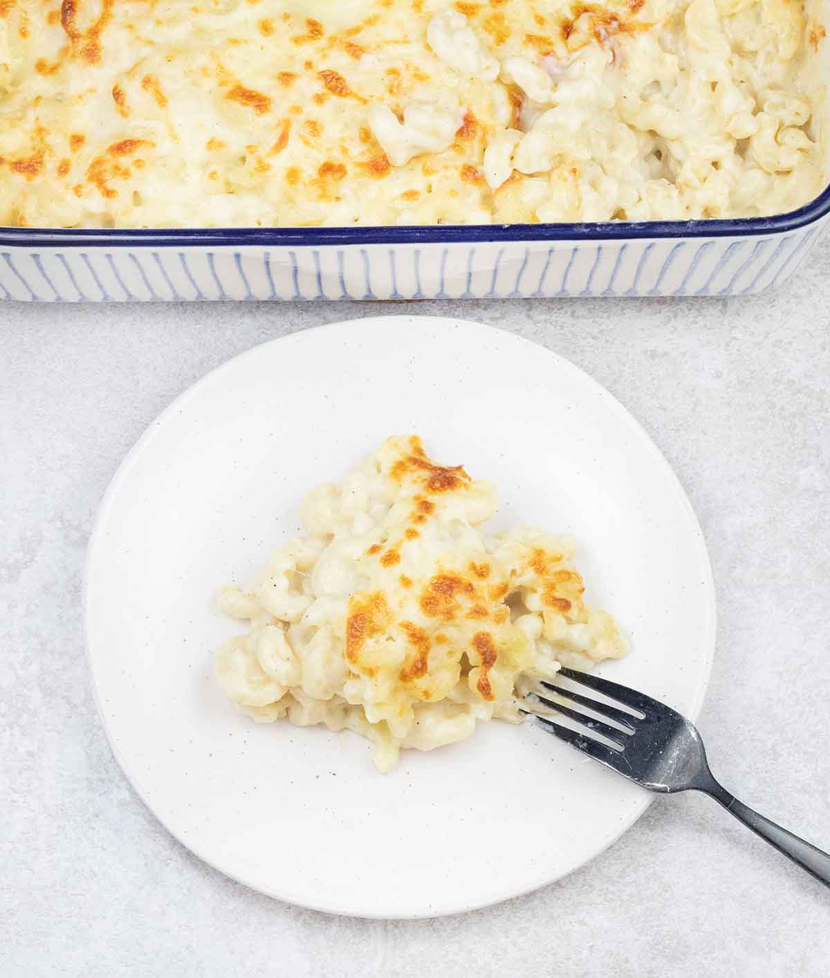 Creamy mac and cheese in a serving plate.