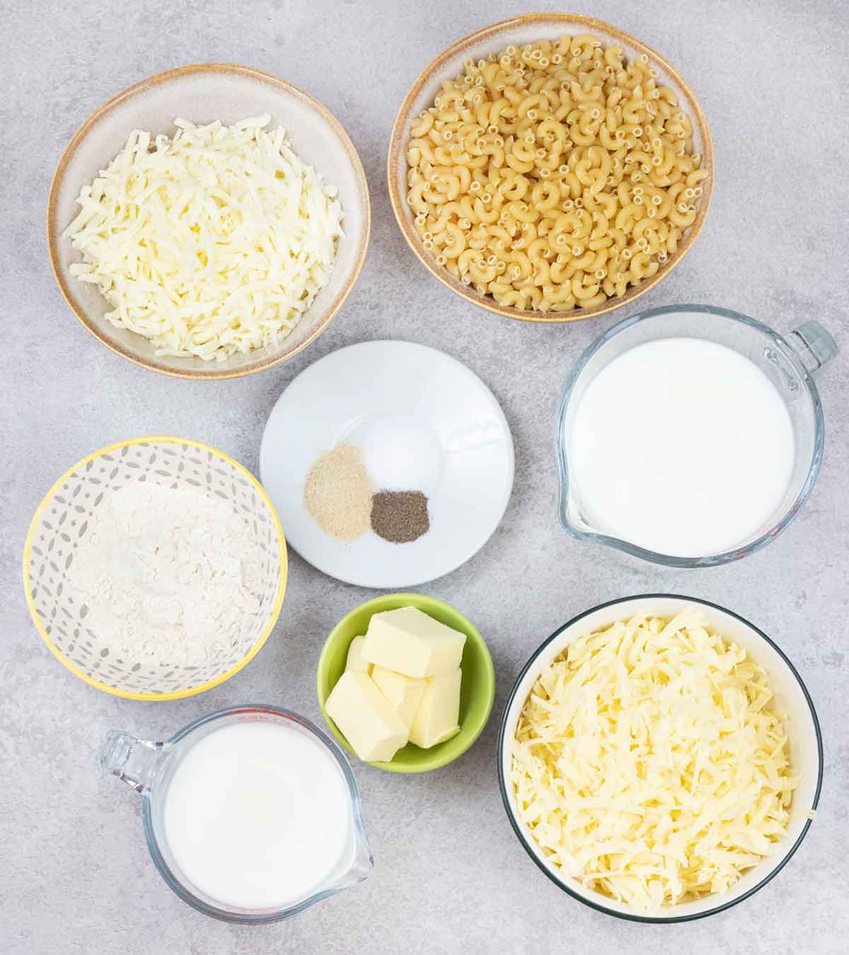 Creamy mac and cheese ingredients.