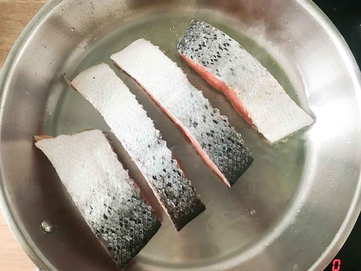 Cook the salmon skin side up for 3-4 minutes.