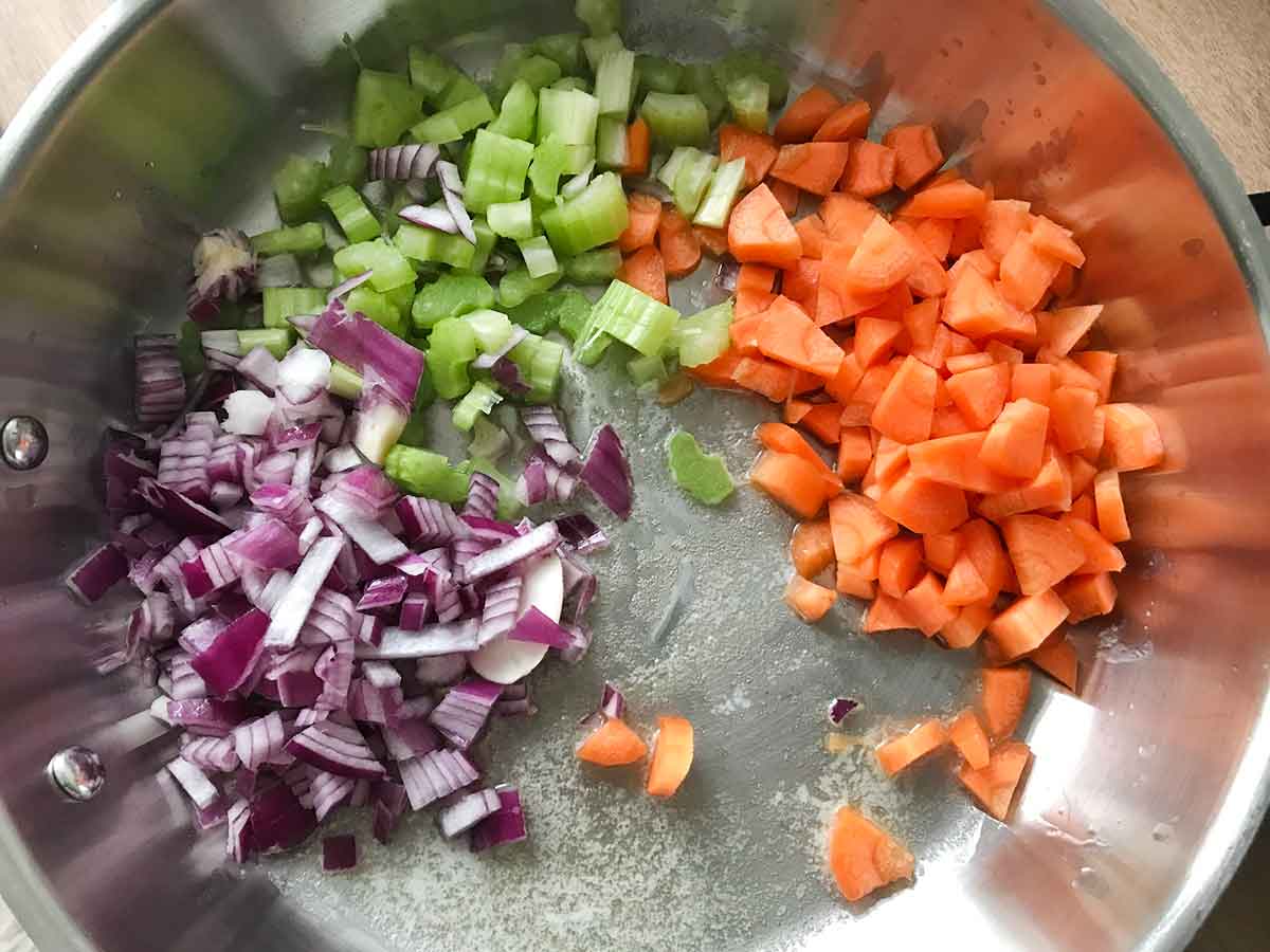 Melt the butter in a large pan over medium heat, add in celery, carrots, and onion.