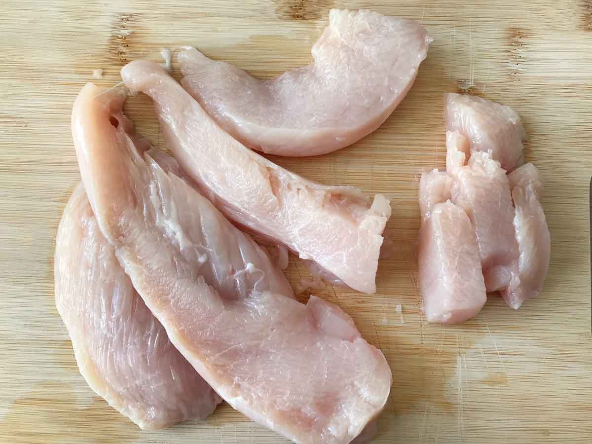 cut the chicken breasts into bite-size pieces.