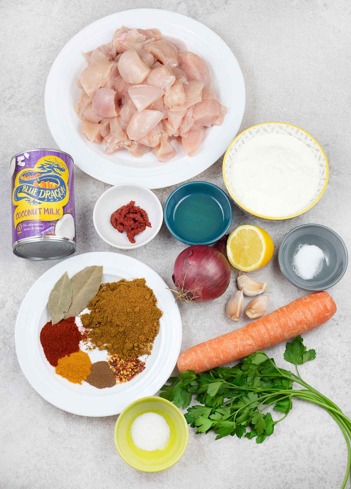 Indian curry chicken ingredients.