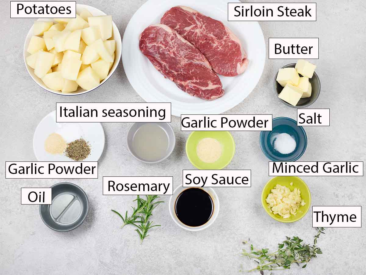 ingredients for the garlic butter steak and potatoes recipe.