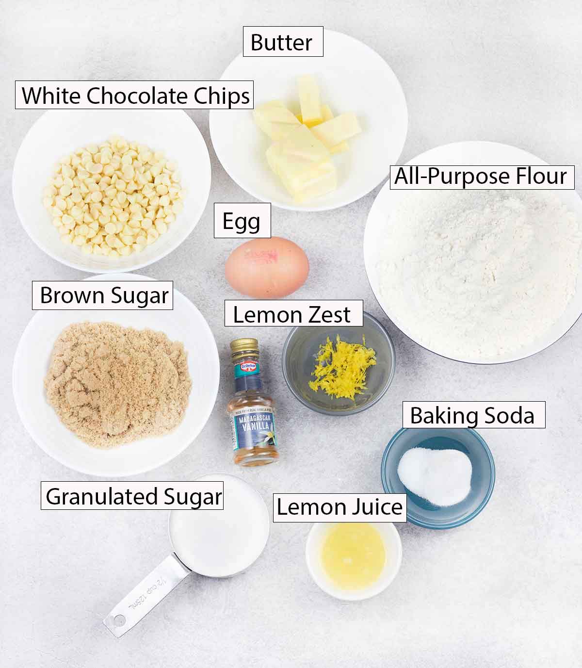 ingredients for lemon white chocolate cookies.