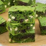 Stack of matcha brownies.