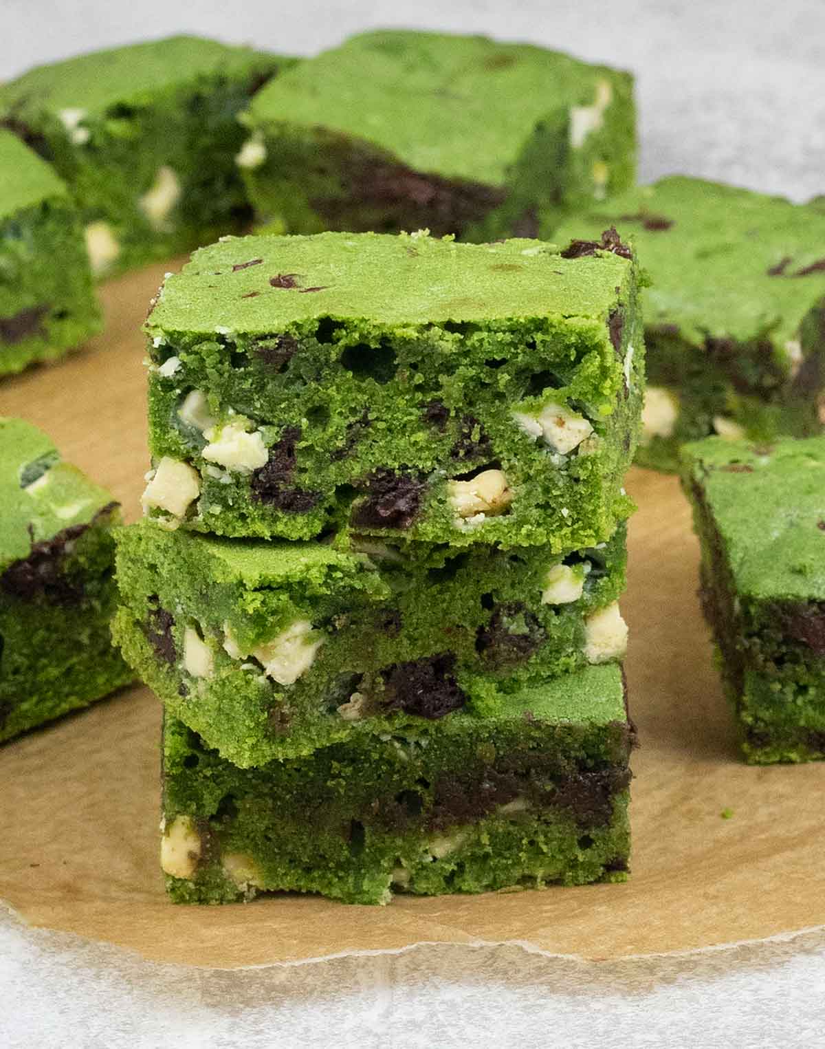 Stack of matcha brownies.