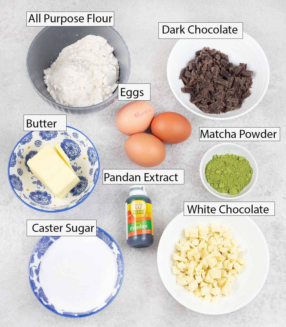 Matcha brownies ingredients.