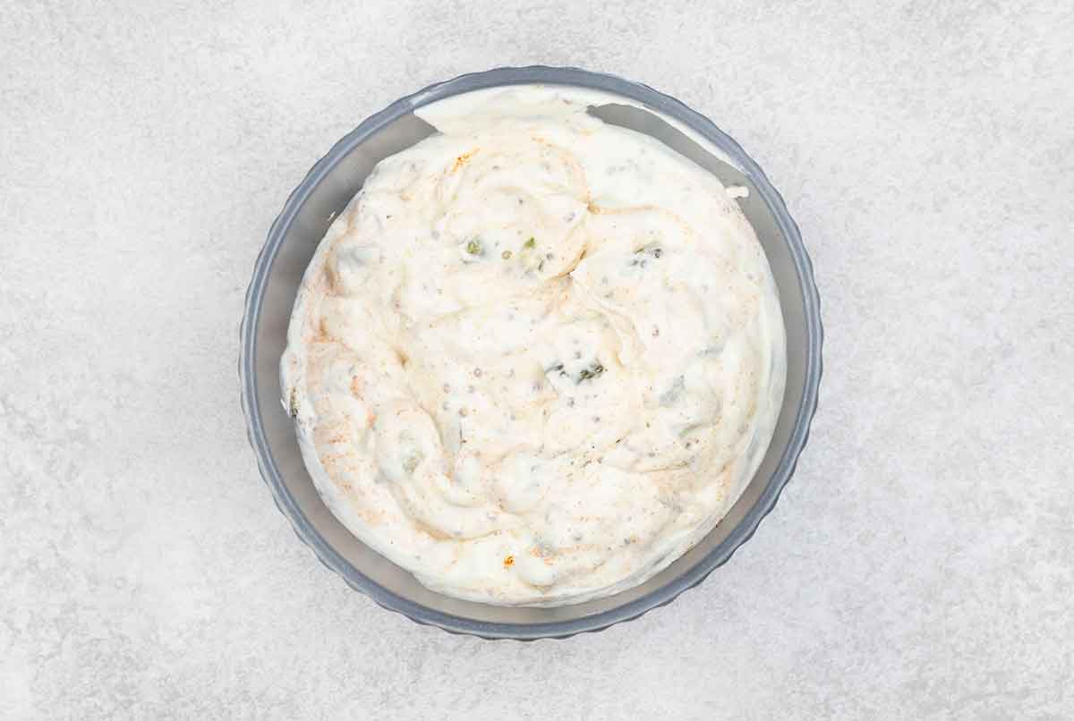 Mixed mayonnaise, sour cream, wholegrain mustard, chopped pickled cucumber, pickle juice and apple cider vinegar.