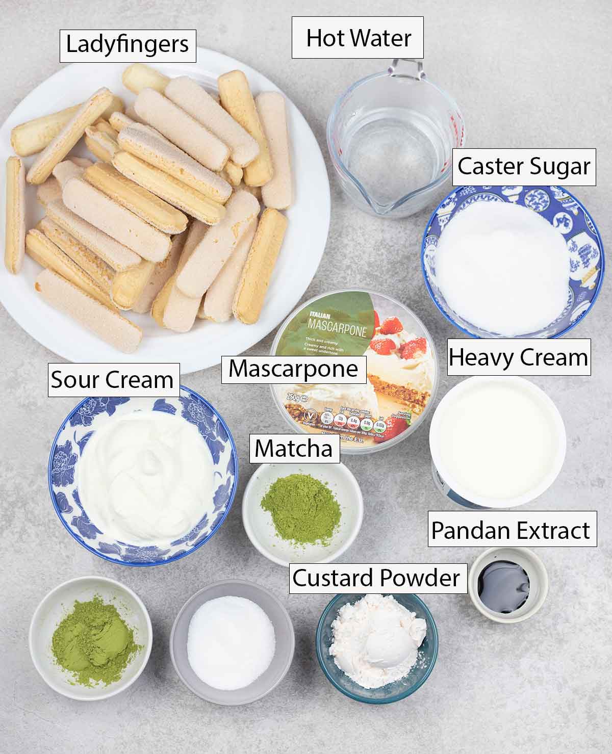 Matcha tiramisu ingredients.