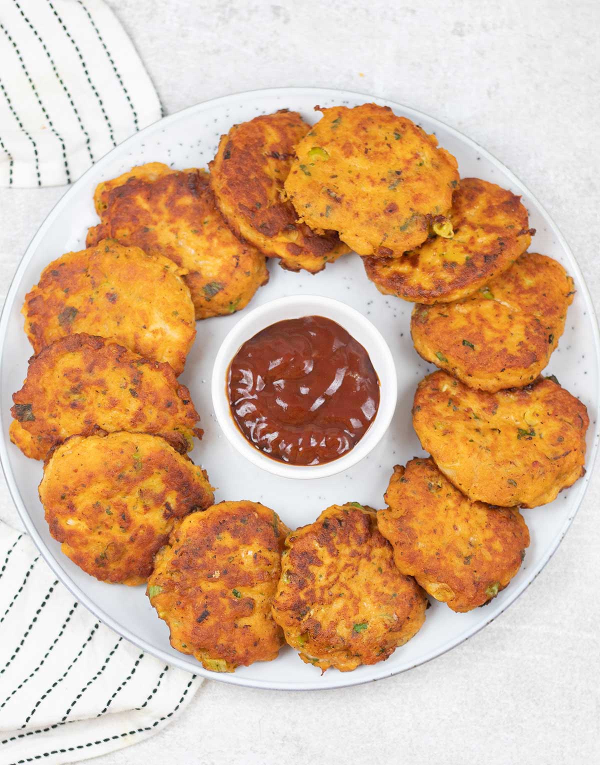 Golden fried Thai fish cakes.