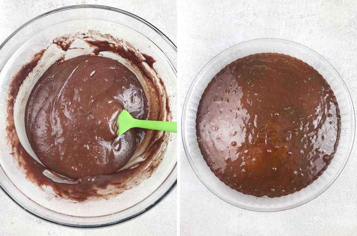 Chocolate cake batter mixed in a bowl and poured into a cake pan.