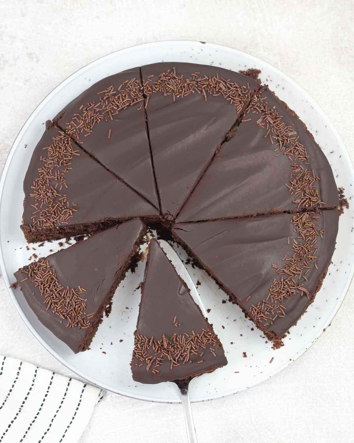 Single layer chocolate cake topped with smooth chocolate ganache and sprinkles.