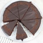 Single layer chocolate cake topped with smooth chocolate ganache and sprinkles.