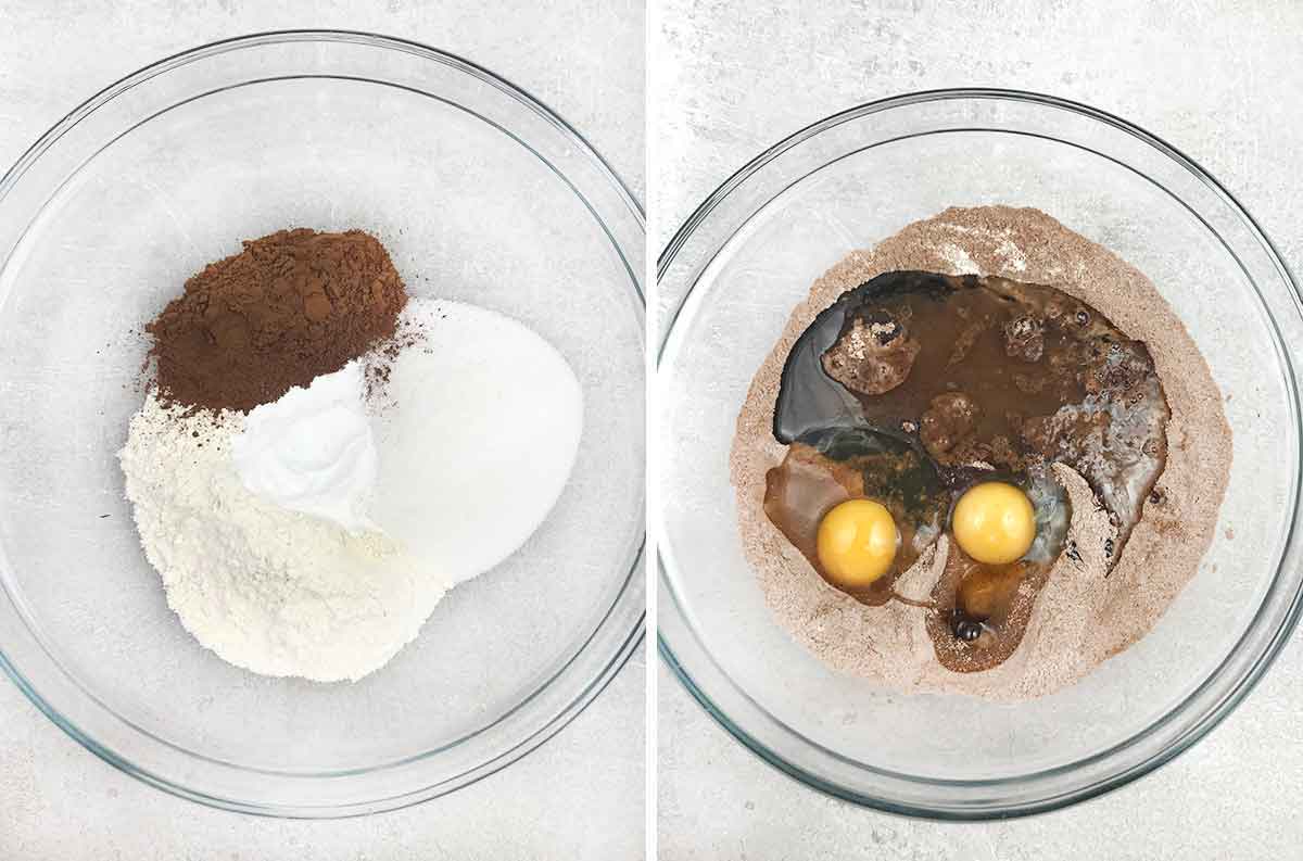 Dry chocolate cake ingredients mixed in a bowl before adding wet ingredients.