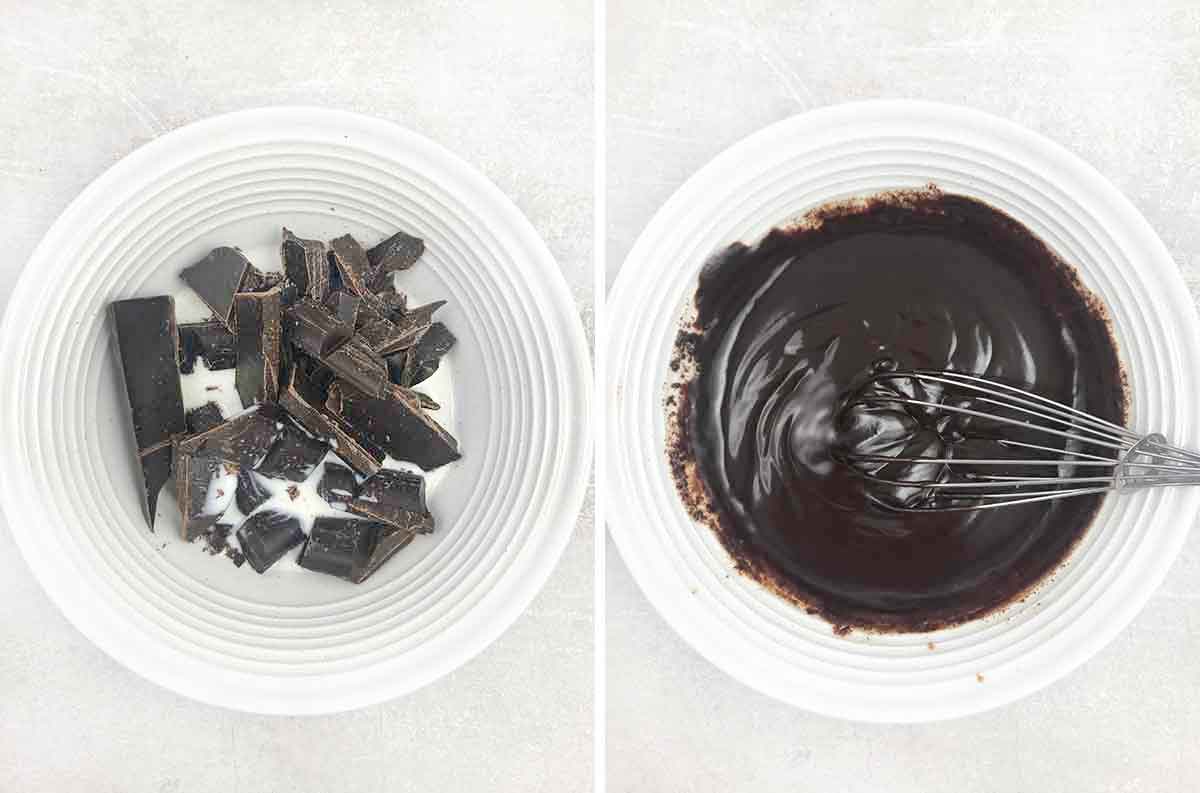 Chocolate and cream melted together to make microwave chocolate ganache.